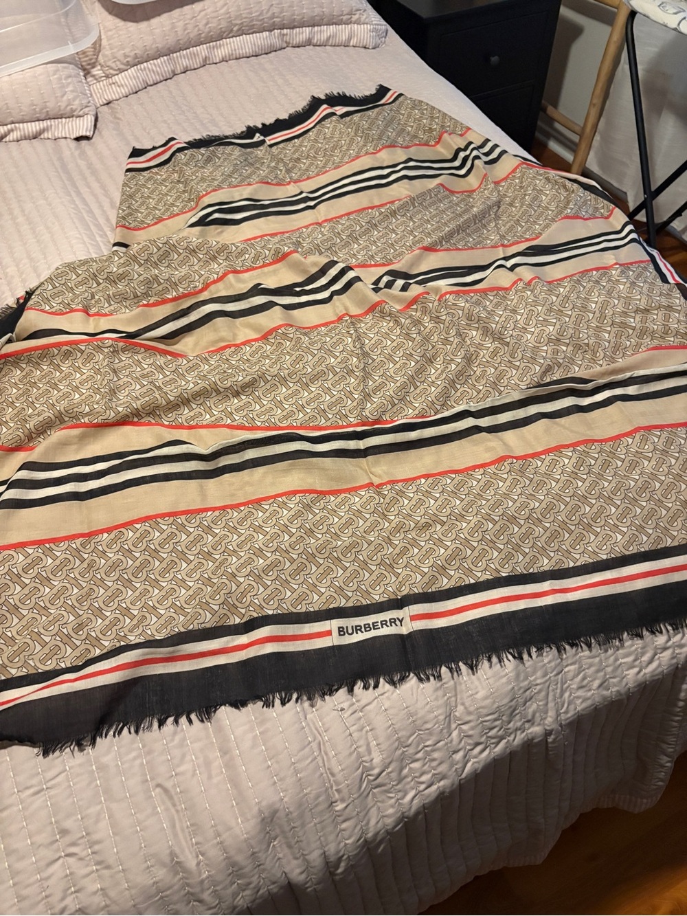 Burberry Beige Monogram Throw with Black and Red Stripe Accents